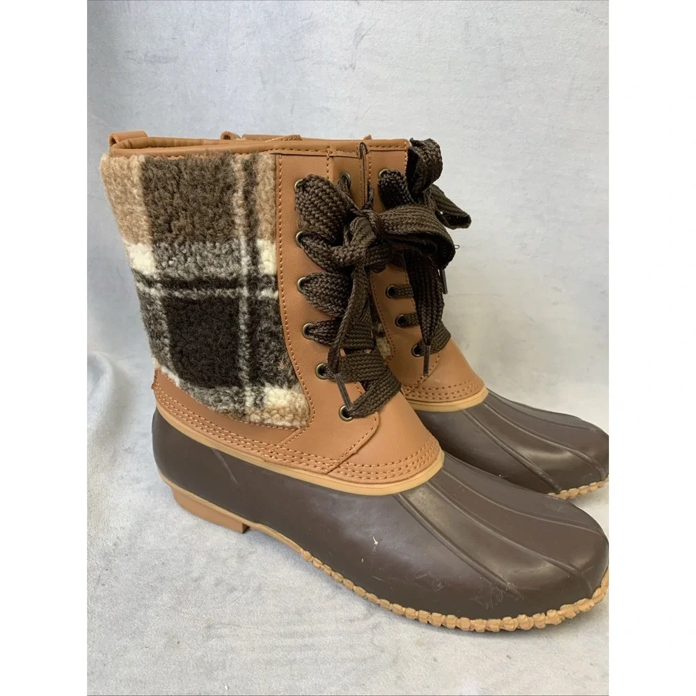 Lands End Duck Boots Women's Size 9.5 Insulated Sherpa Fleece Lined Plaid